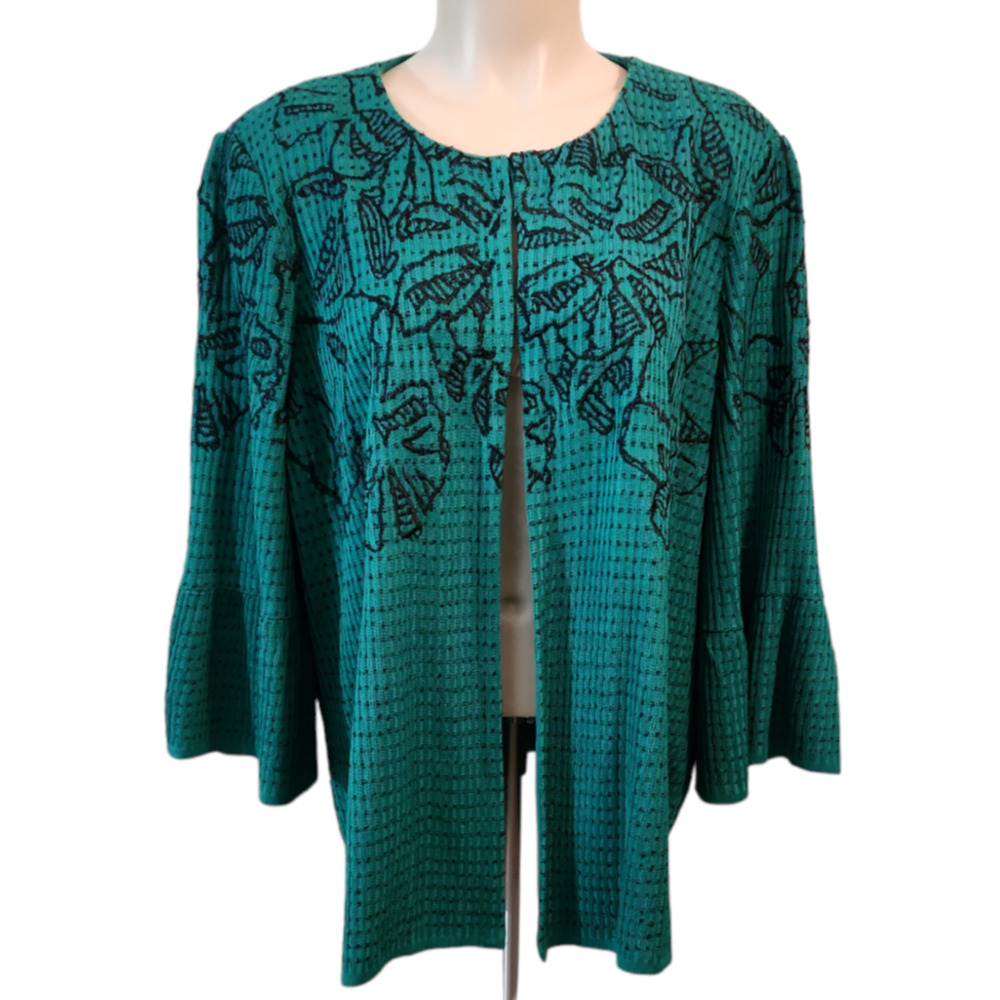 Ming Wang Open Front Embroidered Cardigan Jacket 0X Emerald Green Black Floral